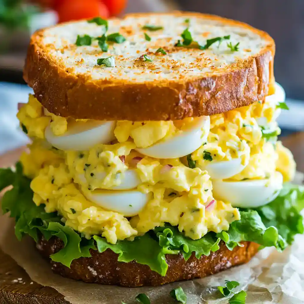 Scrambled egg sandwich with toast, fresh greens, and herbs, perfect for breakfast or brunch, easy to make at home using simple ingredients.