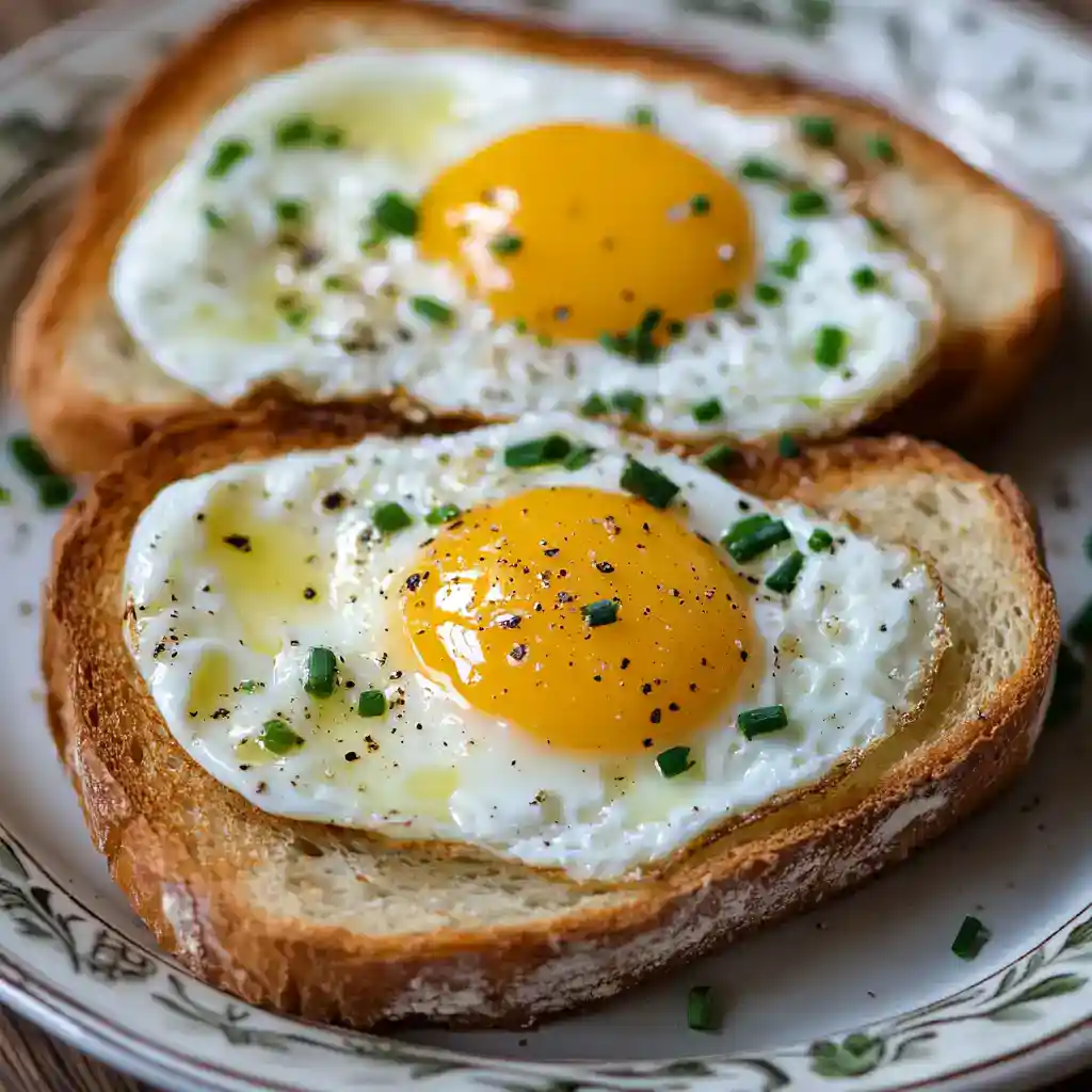 Fried eggs on toasted bread garnished with chopped chives, served on a decorative plate for breakfast or brunch.