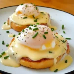 Scrambled eggs and toasted English muffins with hollandaise sauce, poached eggs, and chives on a white plate.
