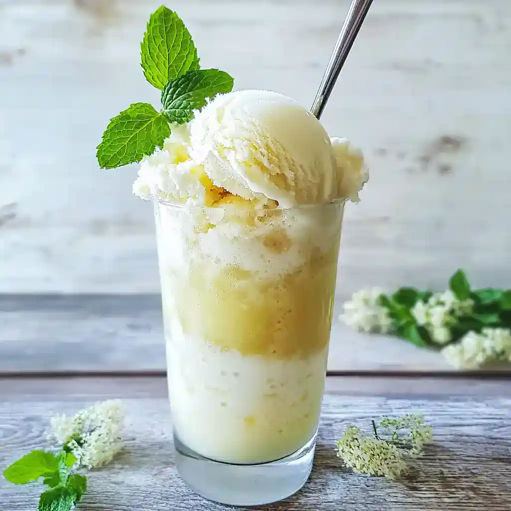 Creamy vanilla ice cream sundae with fresh mint garnish in a tall glass on wooden table. Perfect dessert recipe from Station Recipes.