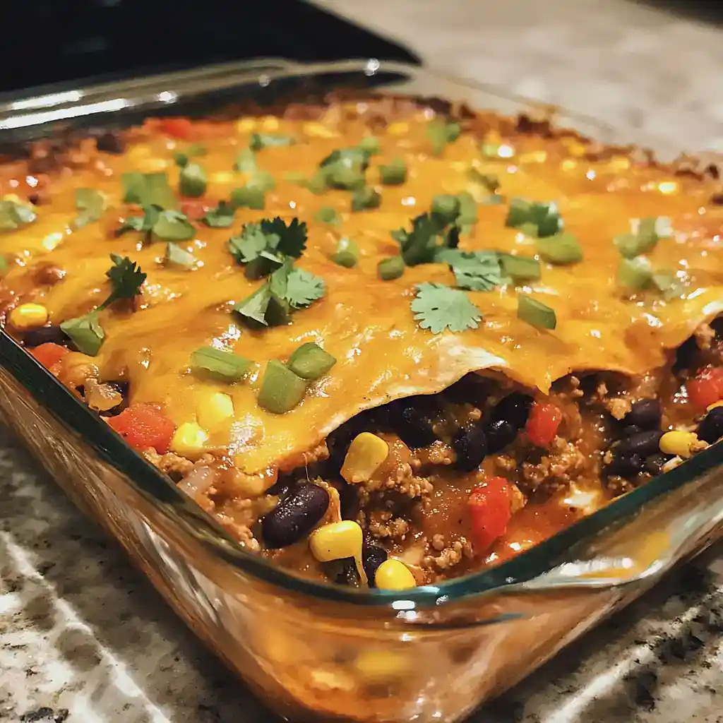 Cheesy taco casserole with ground beef, black beans, corn, and fresh cilantro in a glass baking dish. Perfect for a quick and flavorful dinner, combining Mexican-inspired ingredients for a delicious family meal.