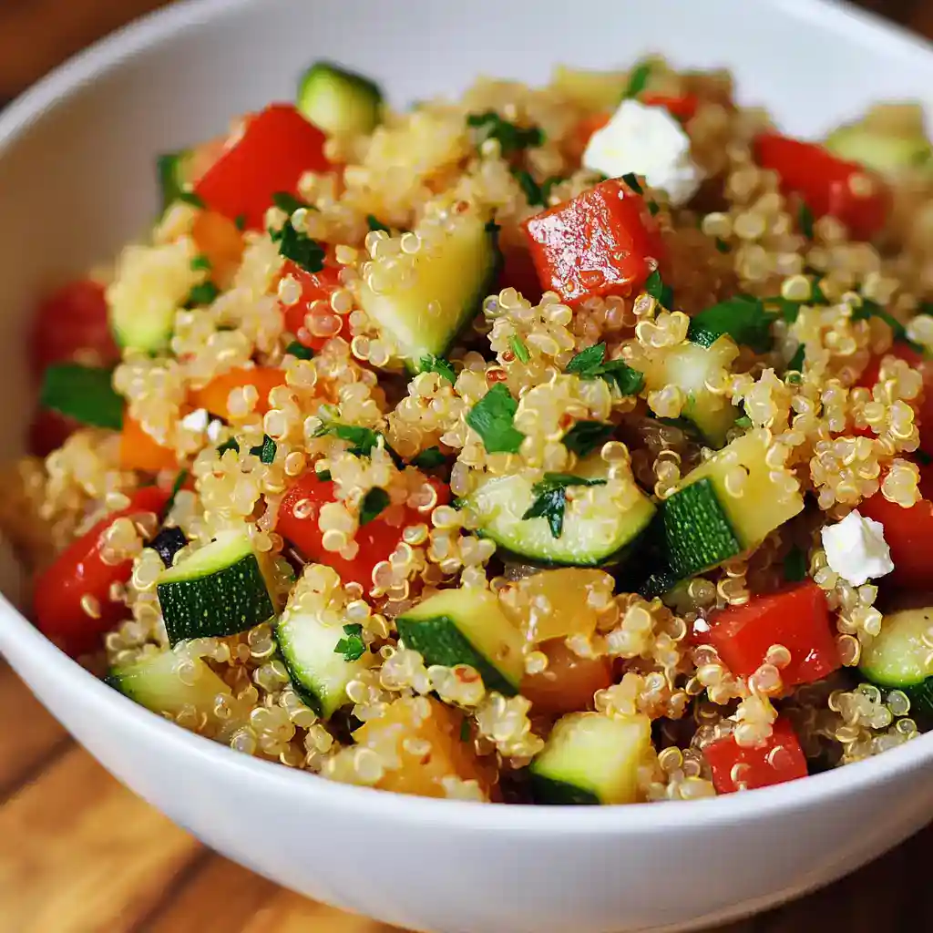 Light and fresh quinoa salad with chopped cucumber, cherry tomatoes, parsley, and feta cheese, perfect for healthy meal prep or summer picnics.