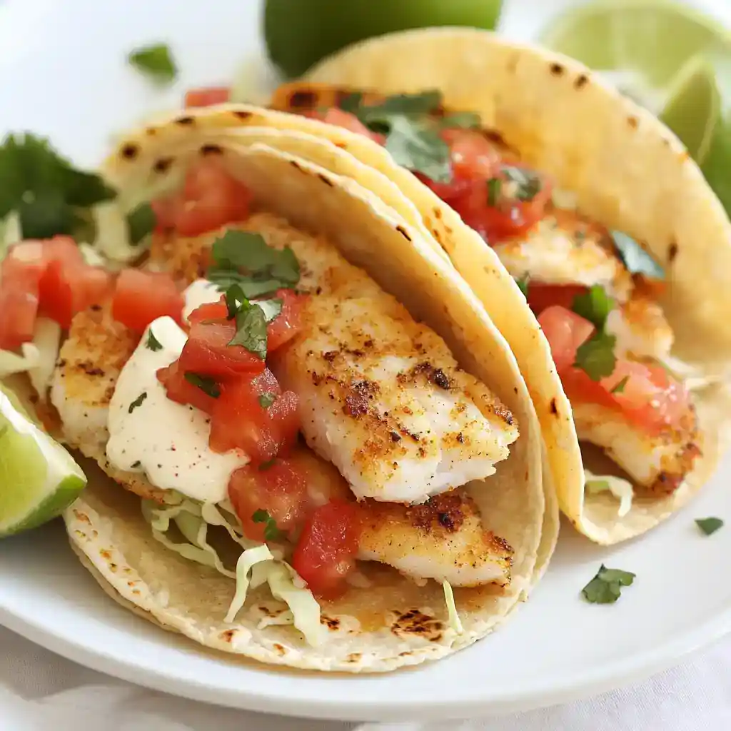 Grilled fish tacos with fresh tomato salsa and cilantro on soft tortillas, served with lime wedges. Perfect for easy, flavorful seafood tacos.