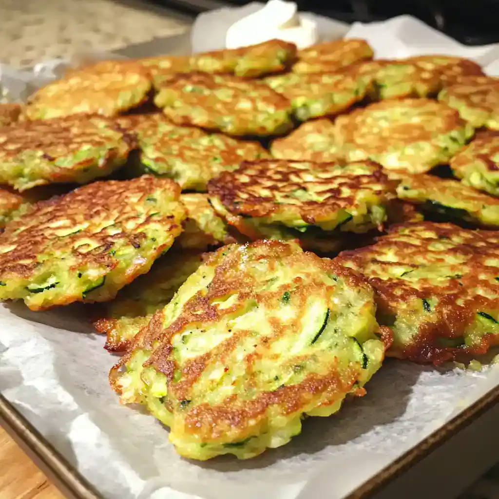 Crispy zucchini fritters stacked on parchment paper, golden brown, with a dollop of sour cream on the side. Perfect for savory snacks or appetizers.
