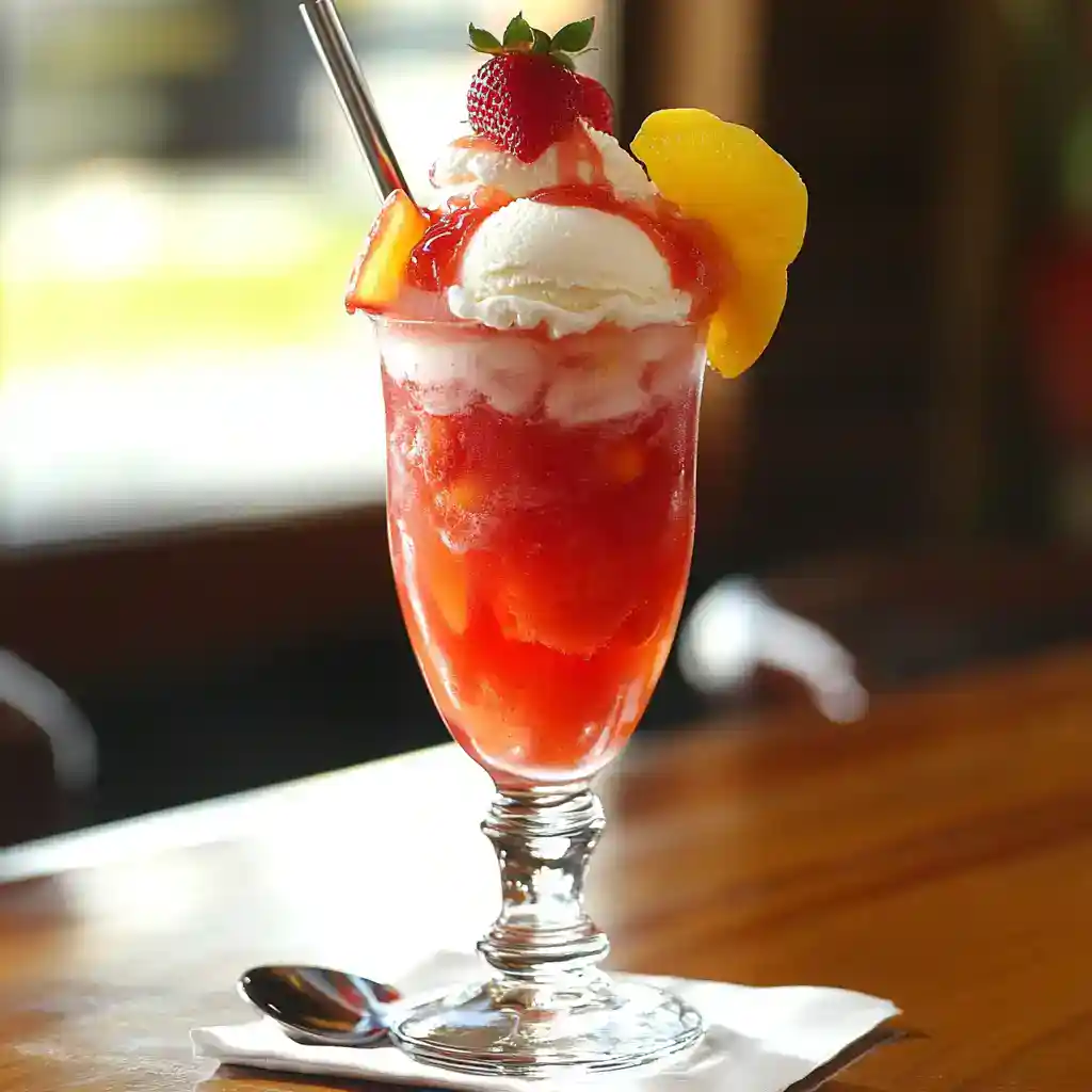Refreshing strawberry and peach fruit ice cream sundae with whipped cream, topped with fresh strawberries and pineapple slices, served in an elegant glass. Perfect for summer desserts.