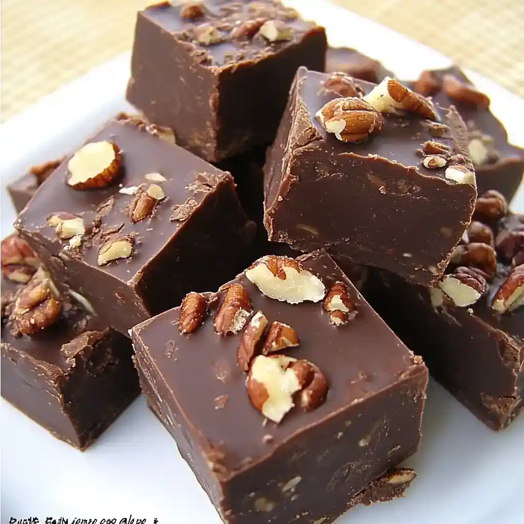 Creamy chocolate fudge with chopped pecans, perfect for holiday treats and special occasions. Easy to make, rich, and decadent dessert recipe from Station Recipes.