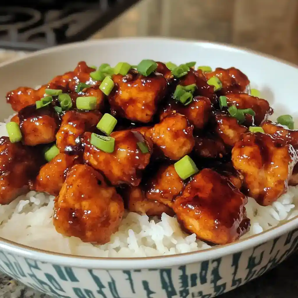 Tender crispy chicken bites glazed with a flavorful sweet and savory sauce, garnished with chopped green onions, served over white rice—perfect for a quick and delicious Asian-inspired meal.