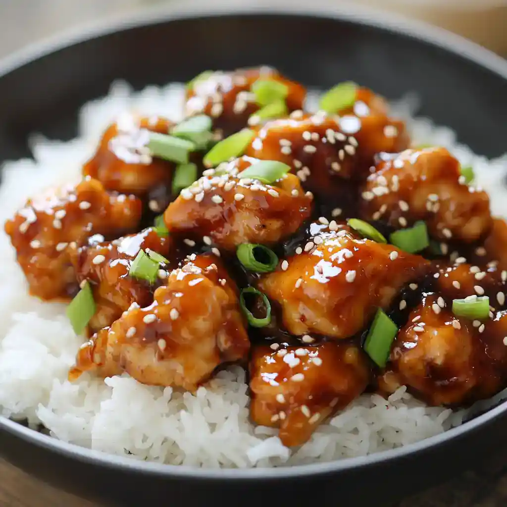 Sweet and savory Asian-style chicken bites served over white rice, topped with green onions and sesame seeds, coated in a flavorful sticky sauce. Perfect for quick dinner recipes.