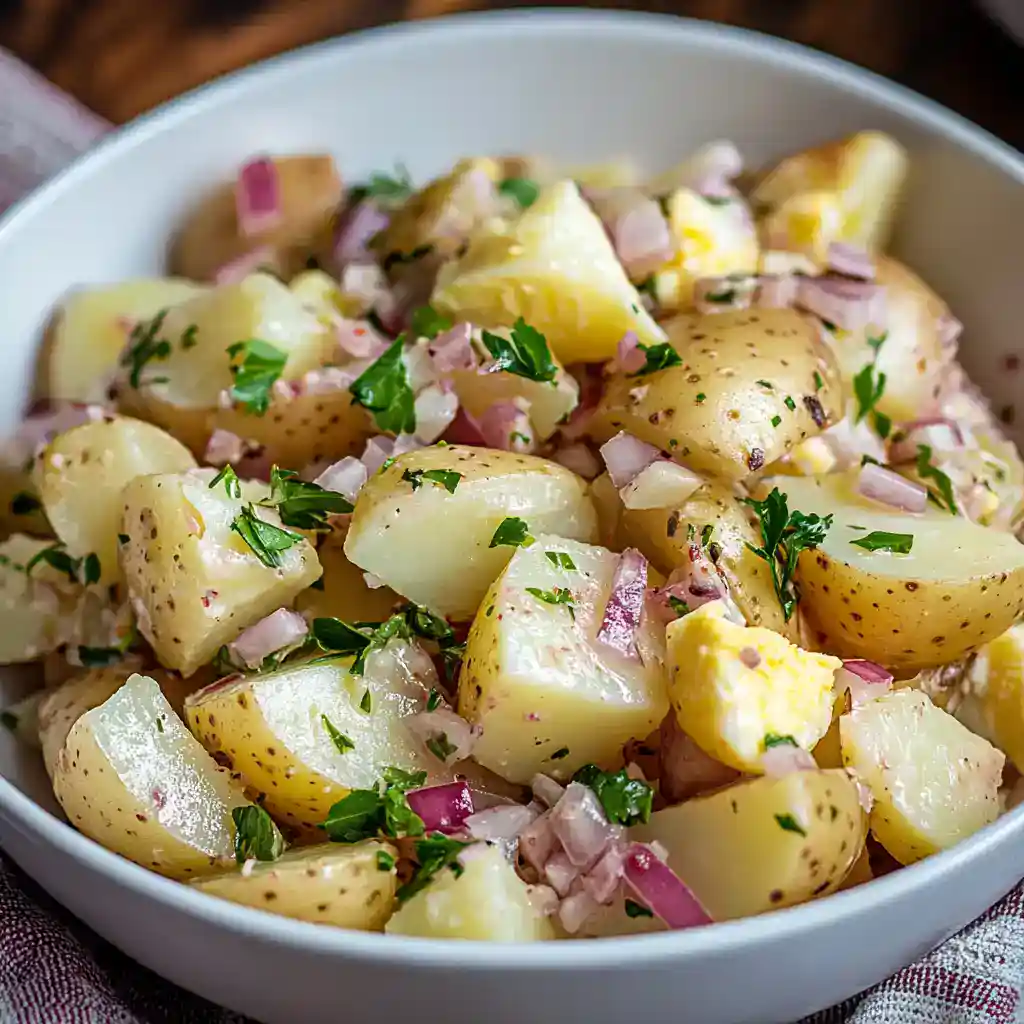 Boiled potato salad with red onion and fresh herbs, served in a white bowl, perfect for summer meals or family gatherings.