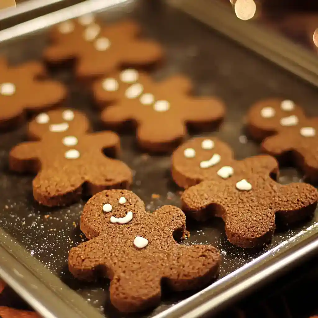 Gingerbread cookies decorated with white icing, arranged on a baking sheet, ready for holiday desserts and festivities.