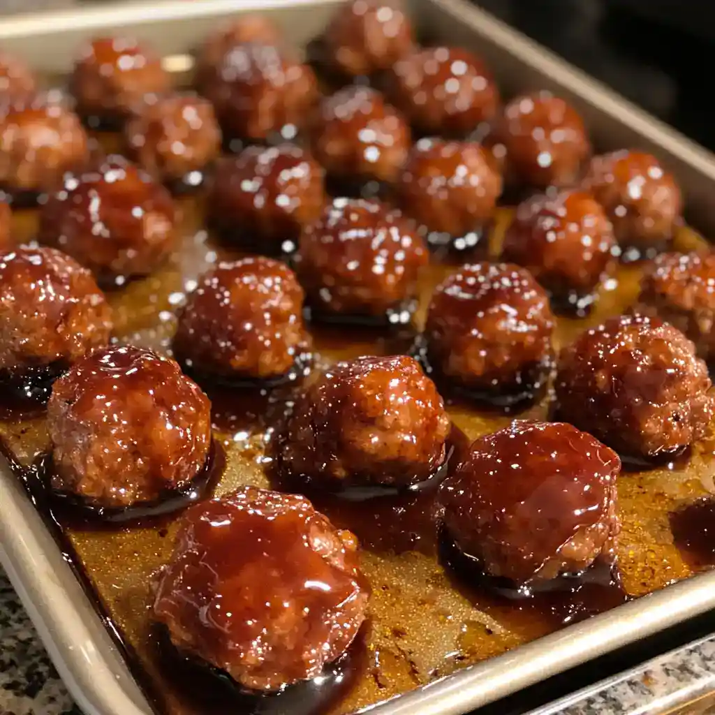 Savory glazed meatballs on a baking sheet, coated in a rich barbecue sauce, ready to serve as an appetizer or main dish, perfect for family dinners or parties.