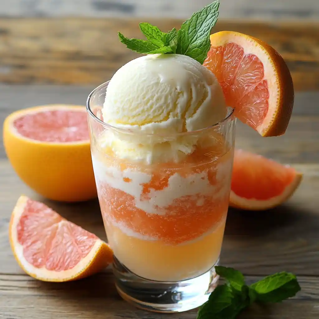 Refreshing grapefruit ice cream float with mint garnish, perfect for summer desserts and sweet treats. Made with fresh grapefruit and creamy vanilla ice cream for a delicious, citrusy dessert.