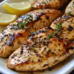Juicy, perfectly grilled chicken breasts seasoned with herbs and spices, served with fresh lemon wedges on a white plate, ideal for healthy dinners or meal prep.