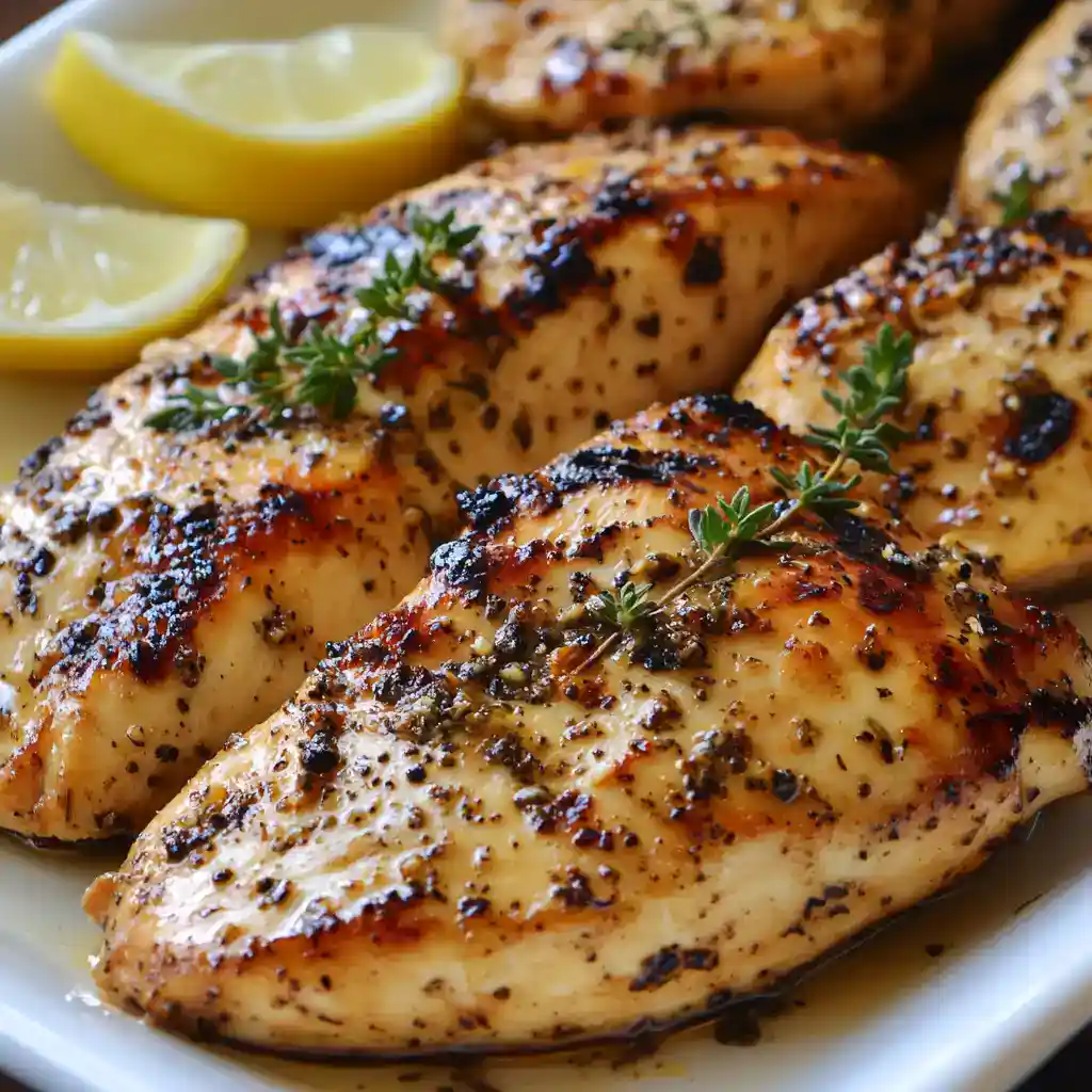 Juicy, perfectly grilled chicken breasts seasoned with herbs and spices, served with fresh lemon wedges on a white plate, ideal for healthy dinners or meal prep.