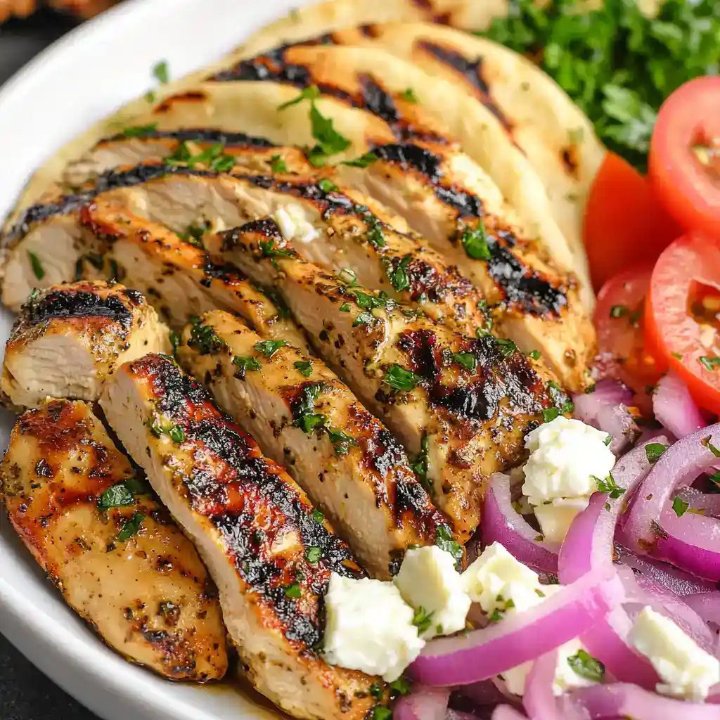 Grilled chicken breast with herbs, served with fresh tomato, onion, and feta cheese salad, in a white bowl, ready for a delicious meal.
