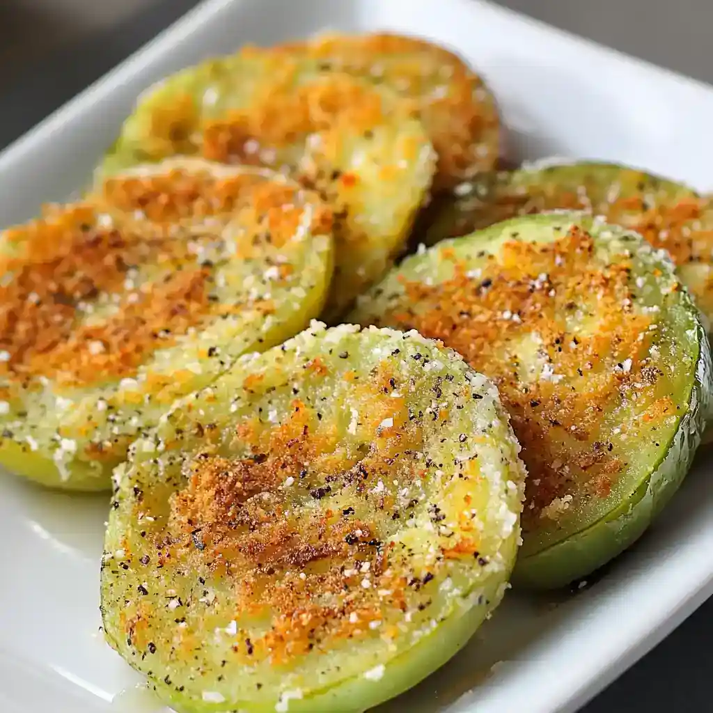 Baked stuffed green tomatoes with crispy breadcrumb topping, cheese, and seasoned herbs on a white plate, delicious Southern appetizer, healthy vegetarian snack, perfect for summer parties.