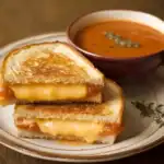 Creamy grilled cheese sandwich with melted cheese, served with tomato soup in a rustic bowl, perfect for comfort food lovers and easy lunch ideas.