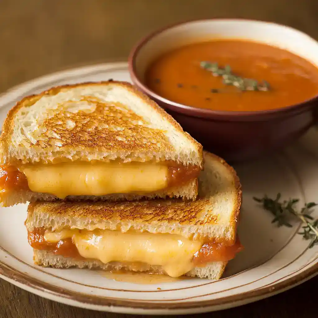 Creamy grilled cheese sandwich with melted cheese, served with tomato soup in a rustic bowl, perfect for comfort food lovers and easy lunch ideas.