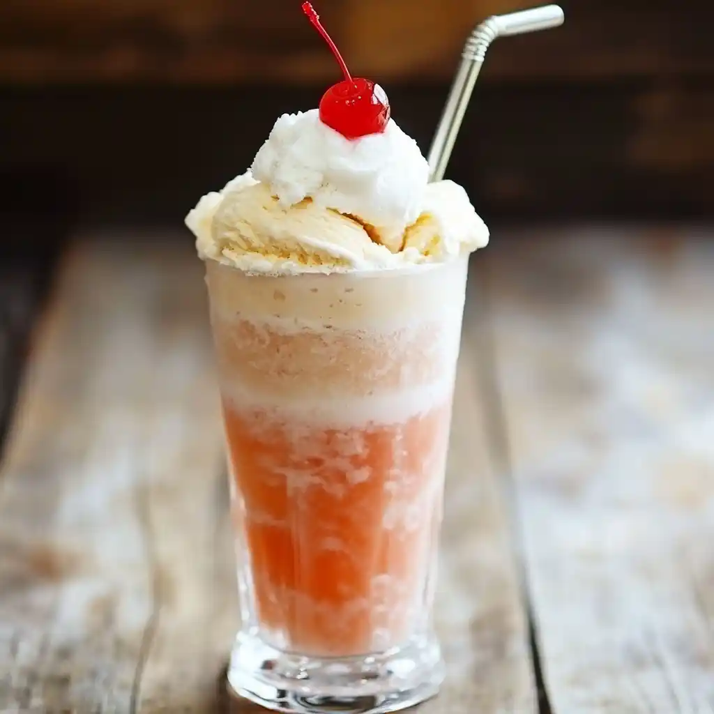 Creamy cherry ice cream float with whipped cream and maraschino cherry, served in a tall glass with a straw, perfect for summer treats and dessert ideas.