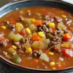 Savory beef and vegetable soup with ground beef, carrots, potatoes, corn, and celery in a rich tomato broth, perfect for hearty comfort food meals.