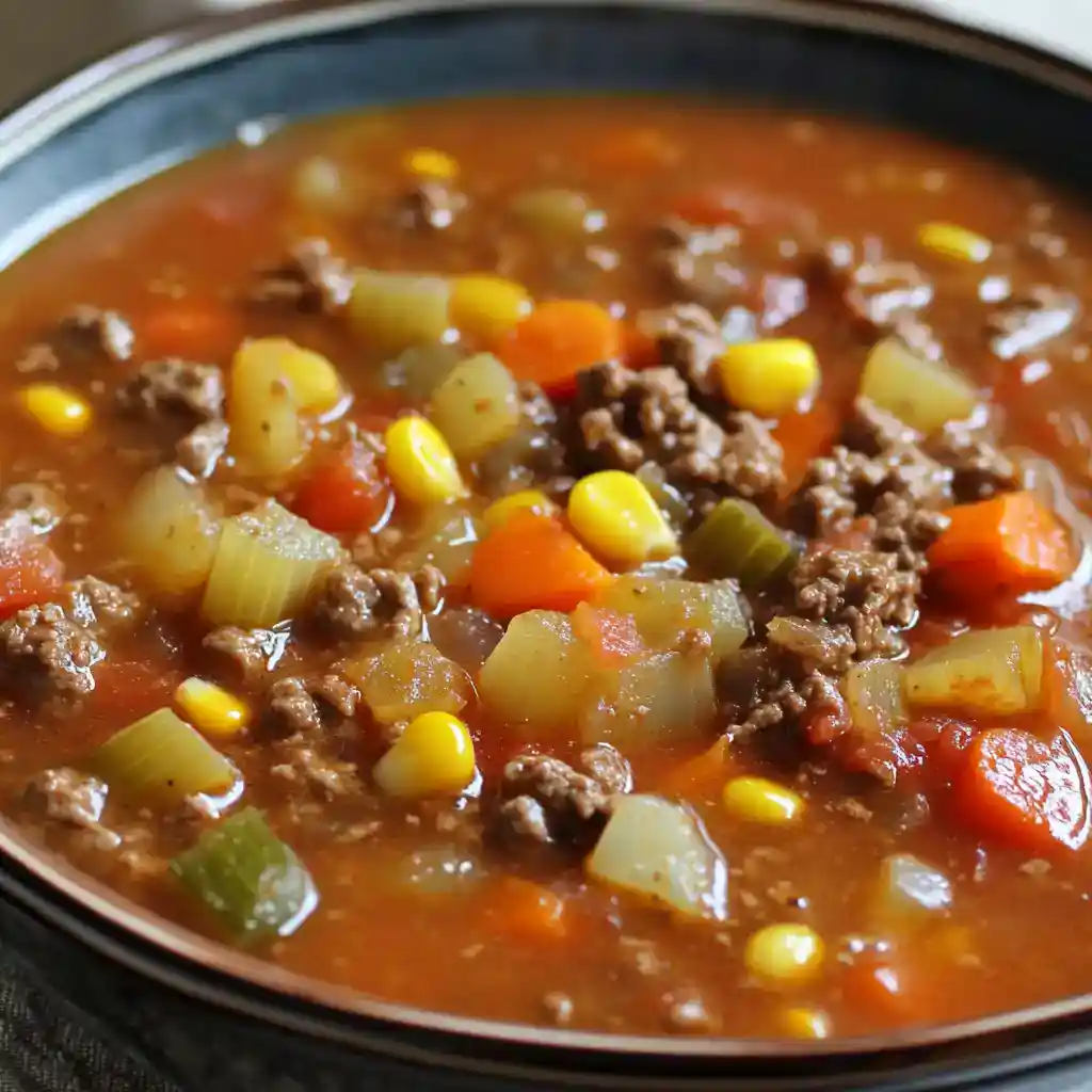 Savory beef and vegetable soup with ground beef, carrots, potatoes, corn, and celery in a rich tomato broth, perfect for hearty comfort food meals.