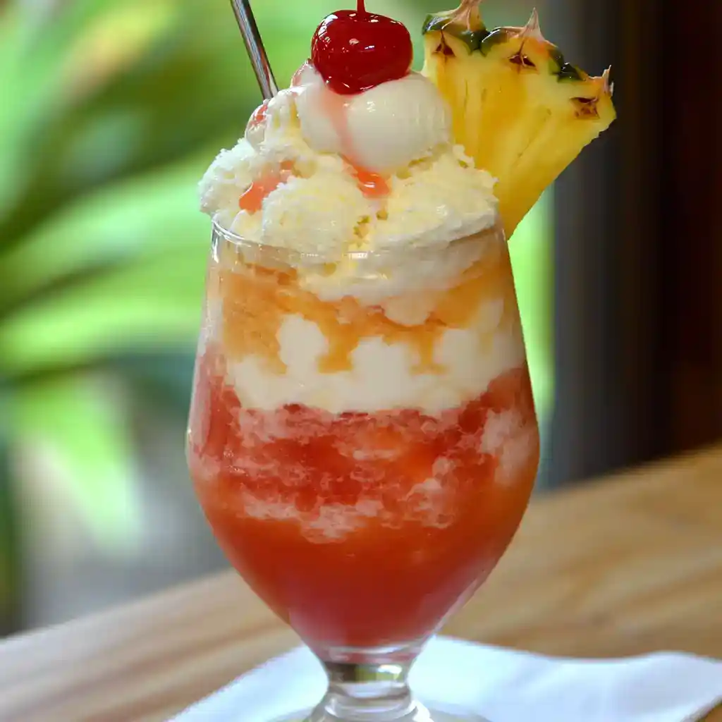 Refreshing tropical fruit parfait with pineapple, cherry, and creamy layers, perfect for summer desserts and fruity snack recipes.