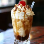 Creamy caramel sundae with whipped cream, chopped nuts, maraschino cherry on top, drizzled caramel syrup, all served in a tall glass for dessert lovers.