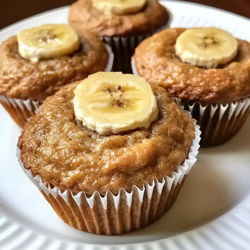 Banana nut muffins topped with banana slices, moist and flavorful, perfect for breakfast or snacks, made with fresh bananas and walnuts.
