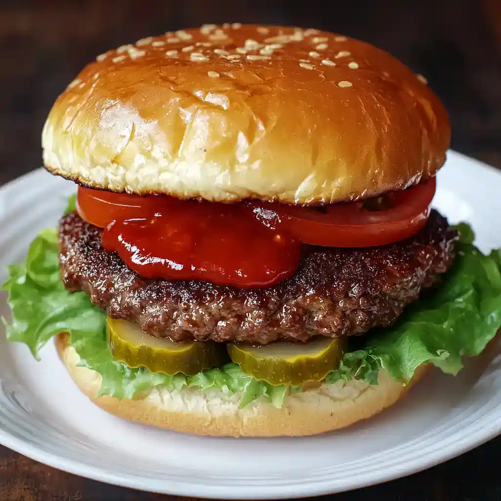 Juicy beef burger with fresh lettuce, tomatoes, pickles, and ketchup on a toasted sesame bun. Perfect for a classic American meal.