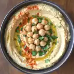 Creamy hummus with chickpeas, olive oil, fresh herbs, and spices in a decorative bowl for middle eastern or Mediterranean appetizers.