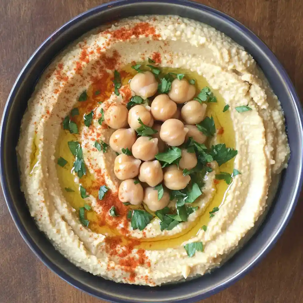 Creamy hummus with chickpeas, olive oil, fresh herbs, and spices in a decorative bowl for middle eastern or Mediterranean appetizers.