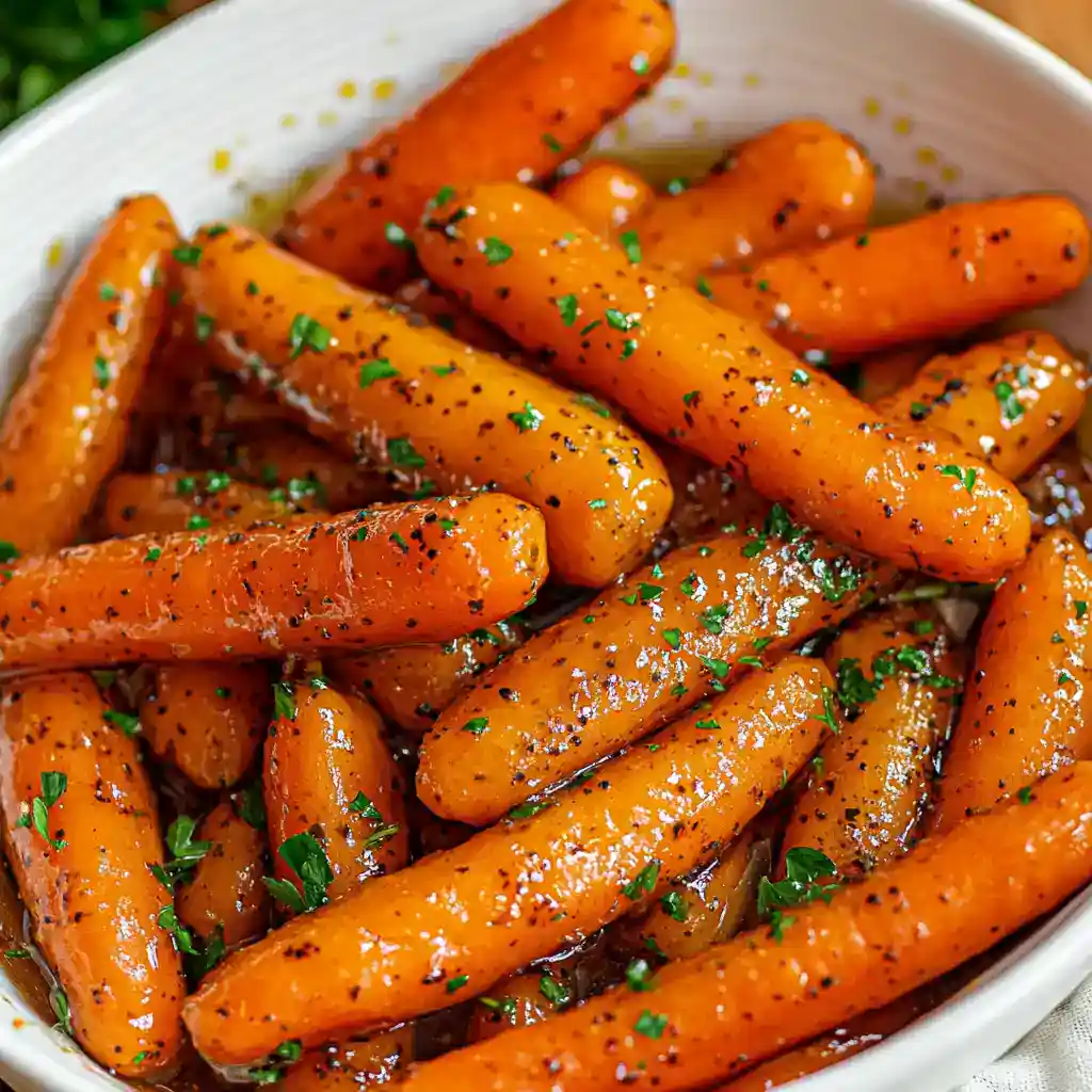 Sweet glazed carrots with herbs and black pepper, perfect side dish for any meal.