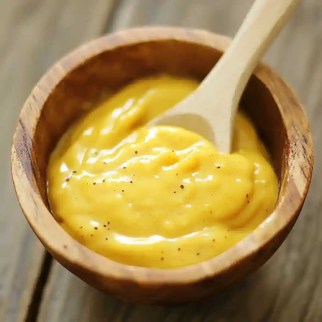 Creamy yellow cheese sauce in a wooden bowl with a spoon, perfect for dipping or topping dishes, made with high-quality ingredients for delicious flavor.