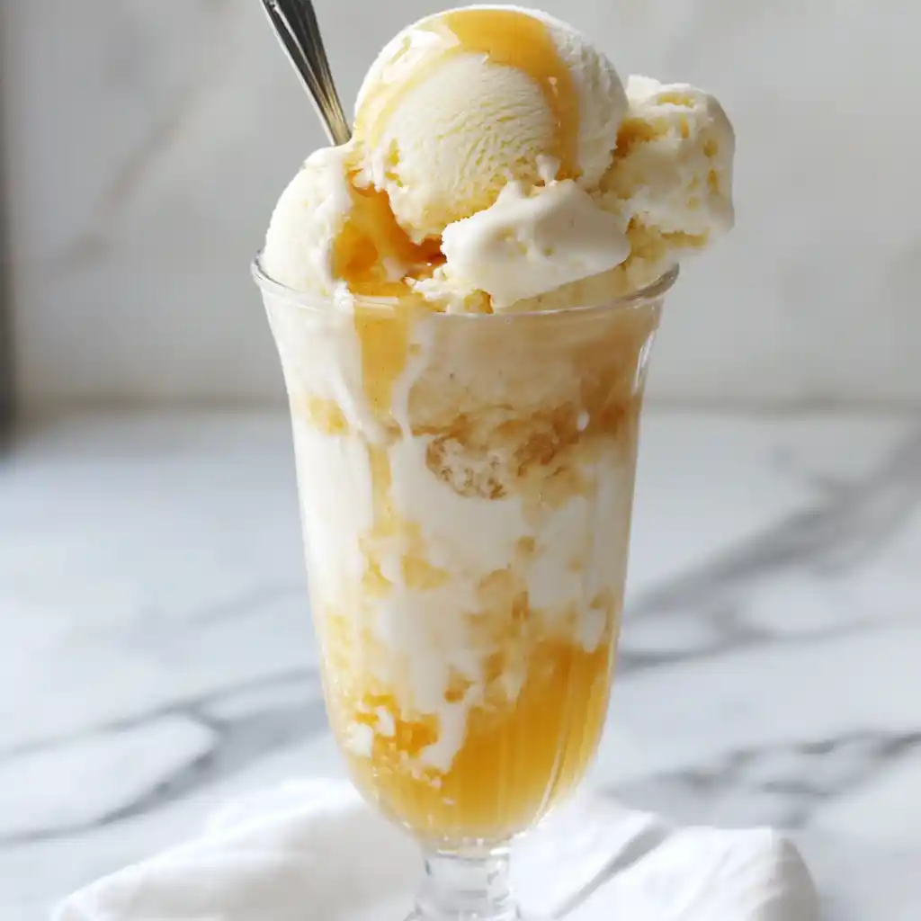 Creamy vanilla ice cream sundae with caramel drizzle in a tall glass, perfect for dessert. Indulge in this easy to make vanilla caramel ice cream float recipe for a delicious treat.