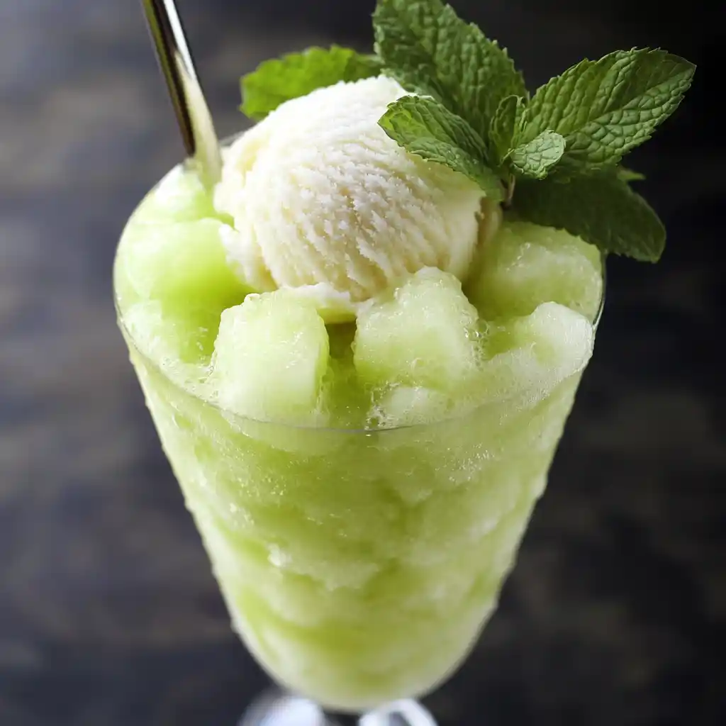 Cool green melon slush with a scoop of vanilla ice cream, fresh mint garnish, served in a tall glass, perfect summer dessert.