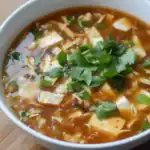 Savory hot and sour tofu soup with fresh green cilantro and scallions in a white bowl, highlighting Asian comfort food and home-cooked recipes.