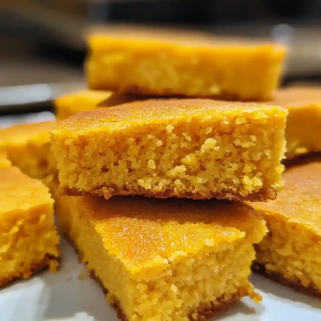 Golden cornbread squares, freshly baked and crumbly, perfect for comforting meals and side dishes. A delicious, moist, and buttery treat made with wholesome ingredients.