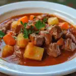 Savory beef stew with tender chunks of beef, potatoes, carrots, and fresh parsley in a rich, flavorful broth. Perfect for hearty comfort food meals and easy to prepare at home.