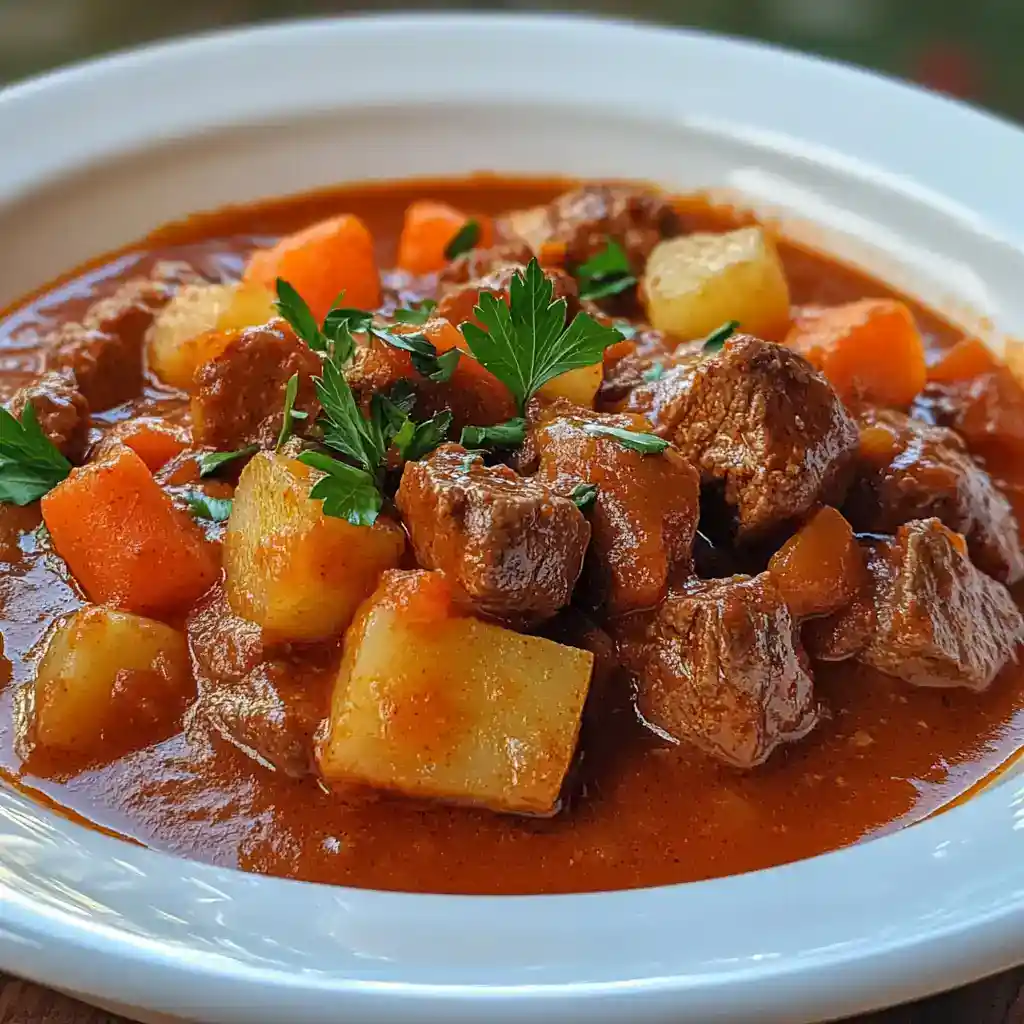Savory beef stew with tender chunks of beef, potatoes, carrots, and fresh parsley in a rich, flavorful broth. Perfect for hearty comfort food meals and easy to prepare at home.