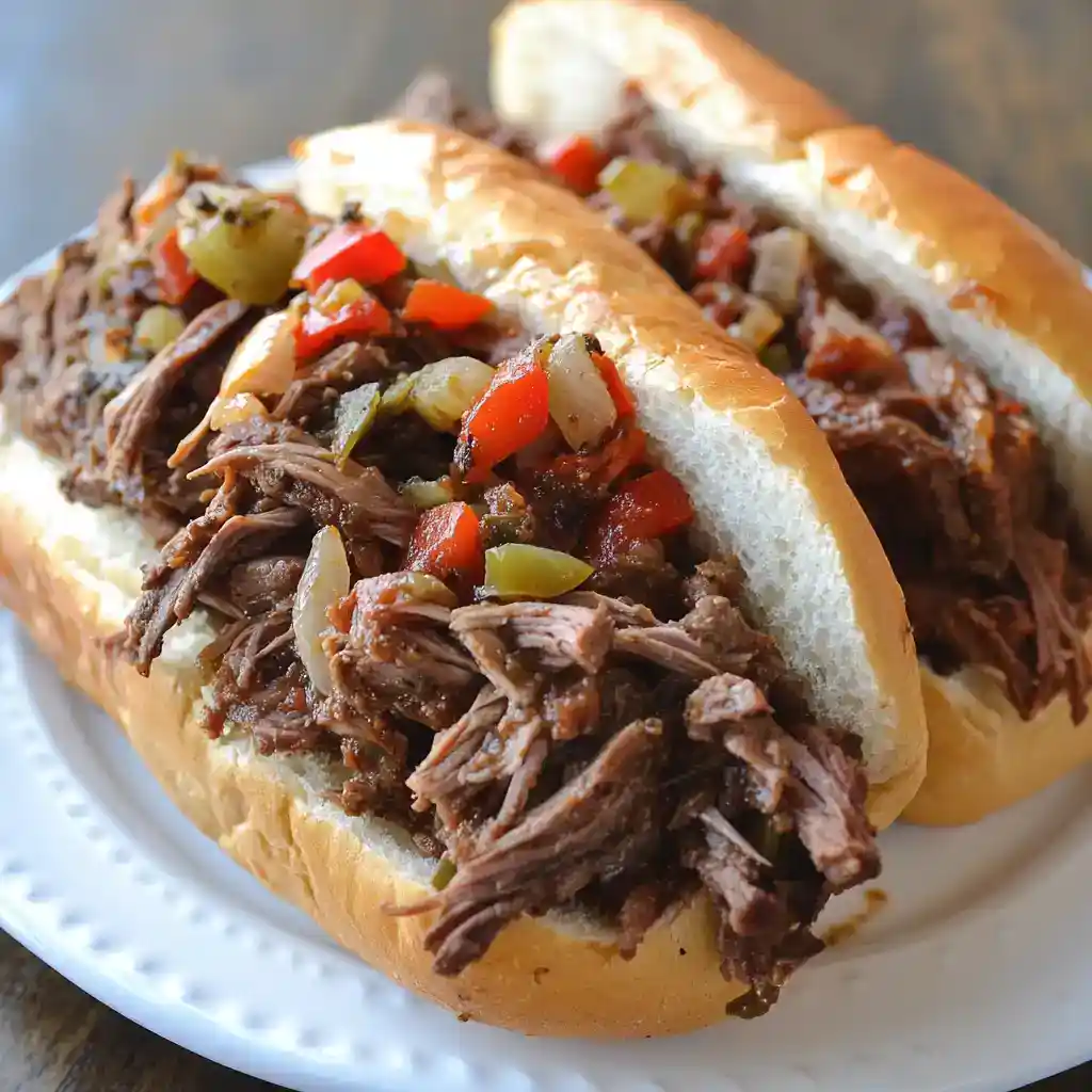 Shredded beef sandwich with vegetables on hoagie bun, slow cooker beef recipe, flavorful pulled beef sub, easy homemade beef sandwich, savory beef lunch idea.