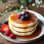 Fluffy stack of homemade pancakes topped with mixed berries, fresh mint, and drizzled with syrup, served on a rustic plate, perfect for breakfast or brunch.