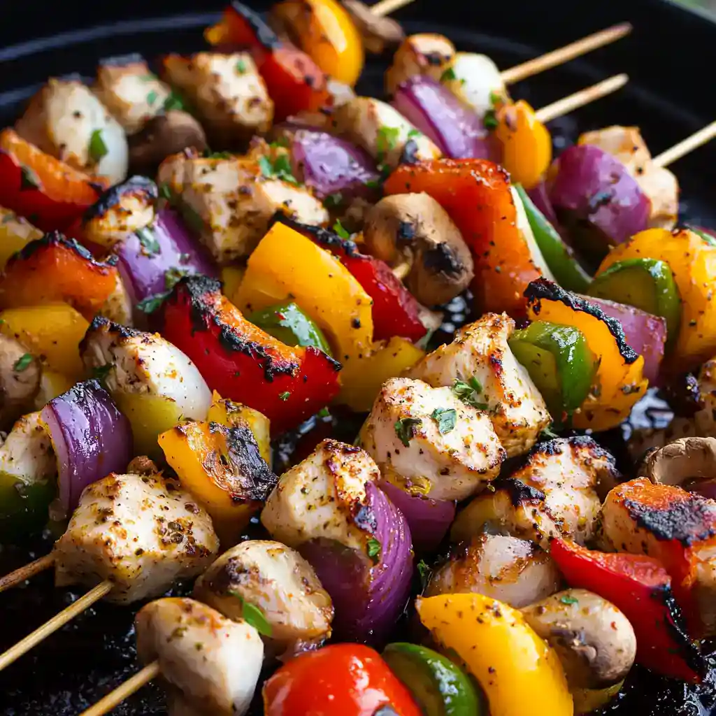 Grilled chicken and vegetable skewers with colorful peppers, onions, and mushrooms on a barbecue grill. Perfect for summer cookouts and easy delicious recipes from Station Recipes.