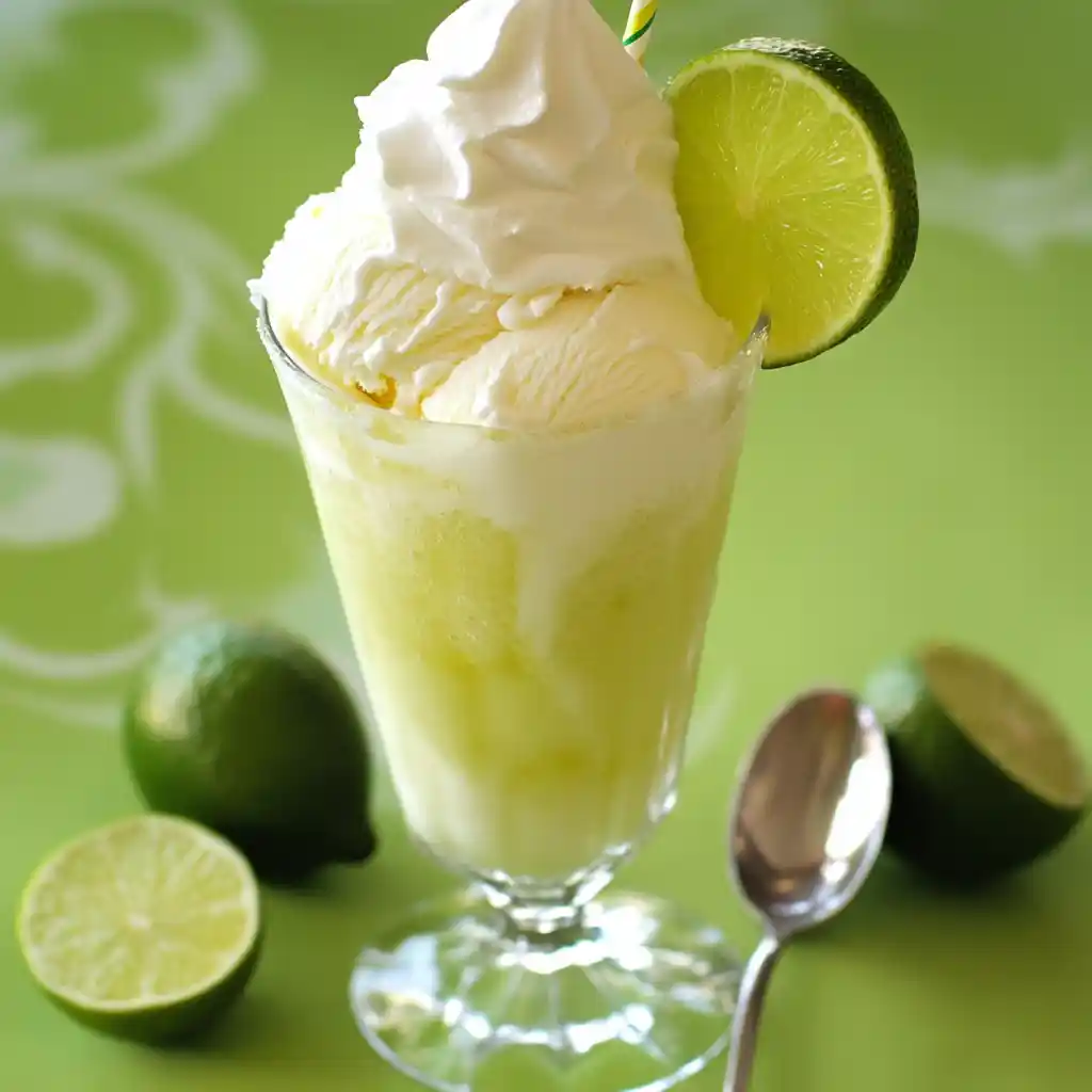 Refreshing lime sherbet float with whipped cream and fresh lime garnish, perfect for summer drinks and desserts, featured on Station Recipes.