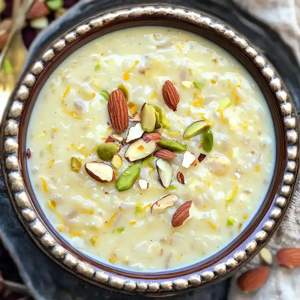 Creamy Indian rice pudding, Kheer, garnished with mixed nuts like almonds, cashews, and pistachios, served in a traditional bowl. Perfect dessert for festivals and celebrations.