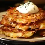 Crispy potato pancakes topped with sour cream and chopped herbs, showcasing a classic Stolz recipe ideal for brunch or dinner.