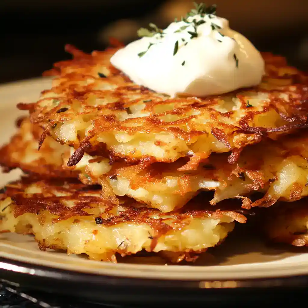 Crispy potato pancakes topped with sour cream and chopped herbs, showcasing a classic Stolz recipe ideal for brunch or dinner.