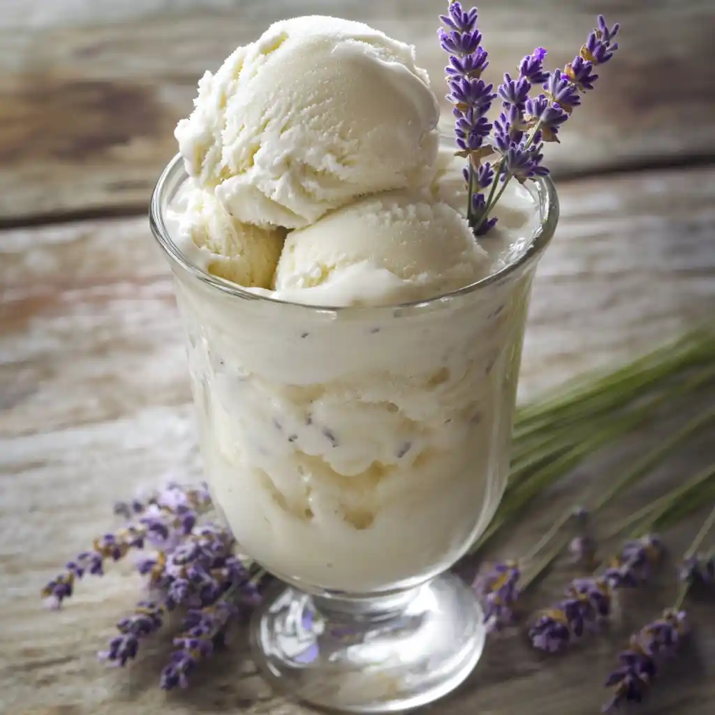 Creamy vanilla ice cream in a glass with lavender sprigs, perfect for a refreshing summer treat or dessert. Made with natural ingredients for a delicious homemade ice cream experience.