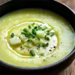 Creamy potato soup garnished with chopped green onions and a drizzle of cream, served in a black bowl. Perfect comfort food on a chilly day, easy to make, and full of flavor.
