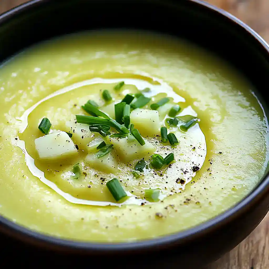 Creamy potato soup garnished with chopped green onions and a drizzle of cream, served in a black bowl. Perfect comfort food on a chilly day, easy to make, and full of flavor.