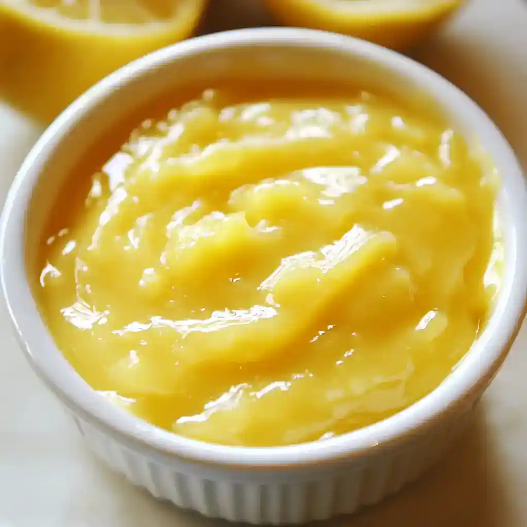 Sweet lemon curd in a ramekin, ready for dessert or spreading. Perfect for adding flavor to cakes, tarts, or toast with its vibrant citrus taste. A delicious and tangy homemade lemon dessert.